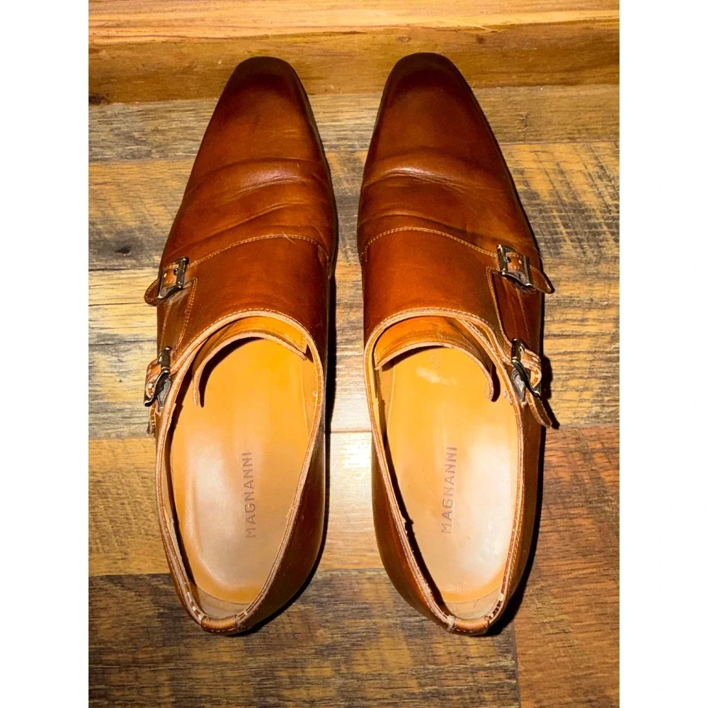 Magnanni Men 10.5 M Brown Leather Double Monk Strap Dress Shoes 19737